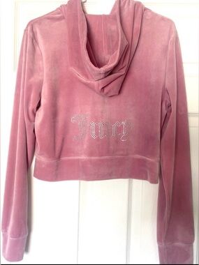 Juicy Couture Y2K Pink Velour Zip Hoodie Rhinestone Back Logo Large